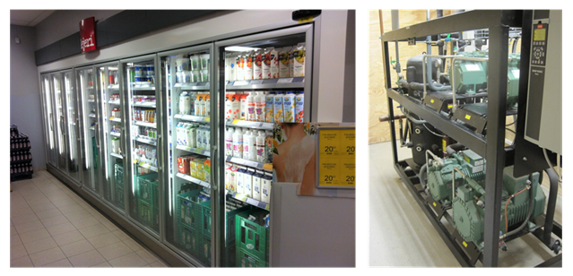 Supermarket cabinets (left) and compressor rack (right)